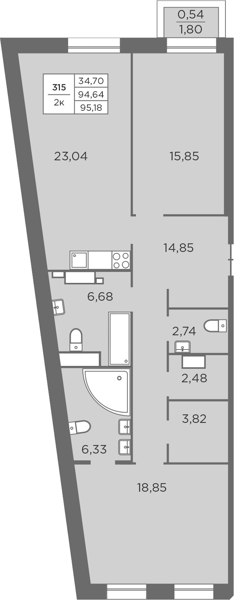 2-комнатная квартира 95.18 м², 6/8 эт., ЖК «Северная Корона»